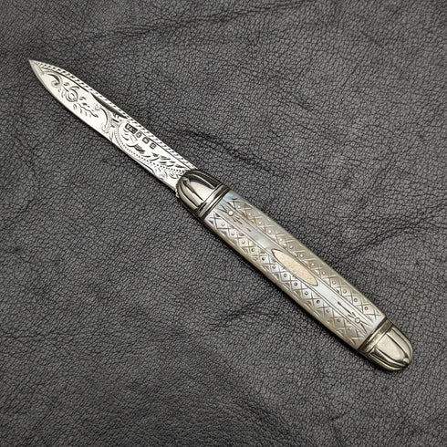 1916 British Antique White Pearl Shell Handle Pure Silver Engraving Blade Folding Pen Knife